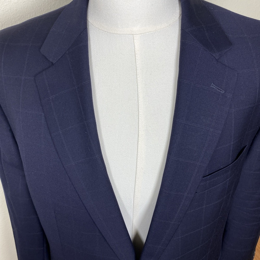 R Ralph Lauren Men's Suit 46R 40x30 Navy Blue Windowpane 100% Wool 2 Piece